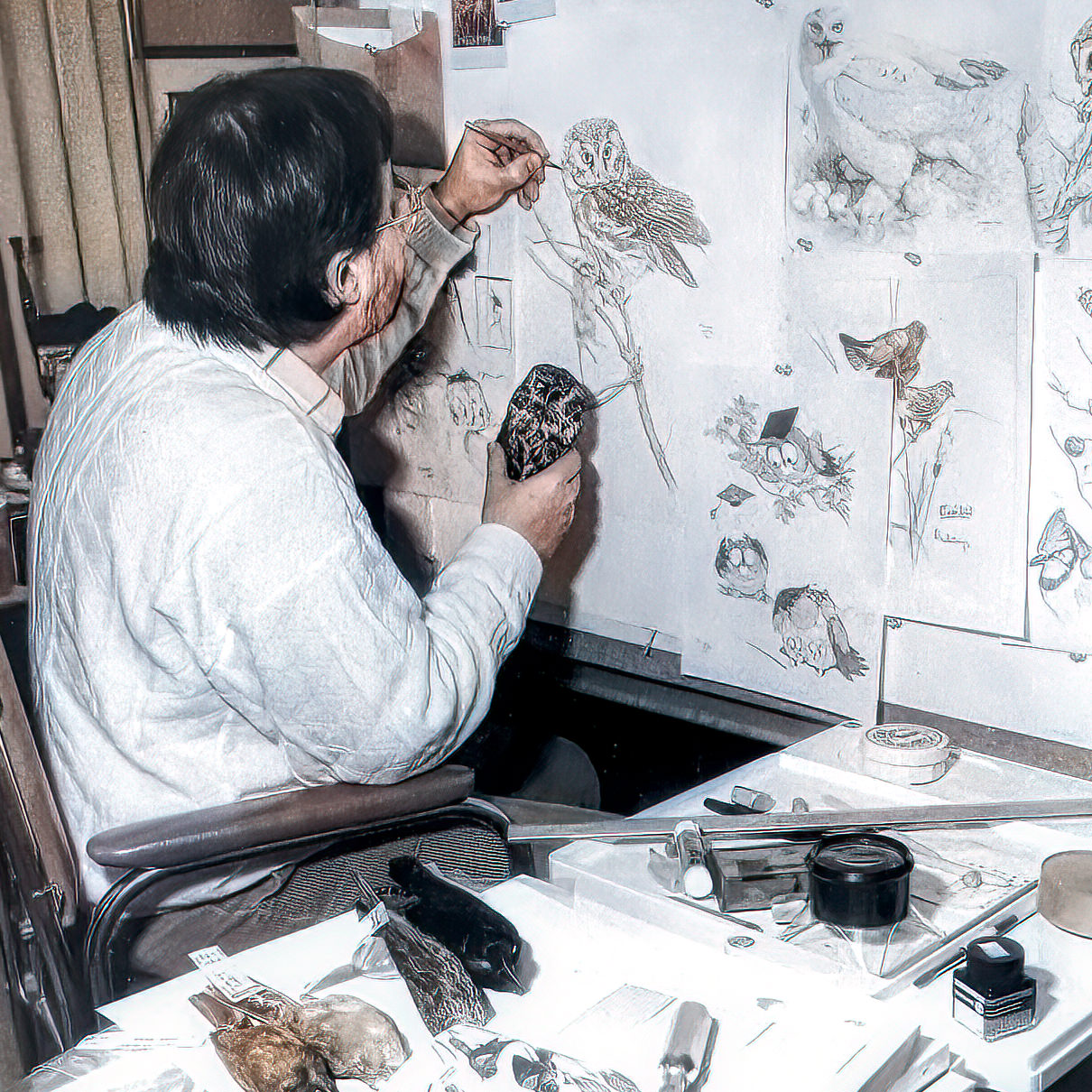 Glen Loates in the studio using animal skins as reference while painting owels