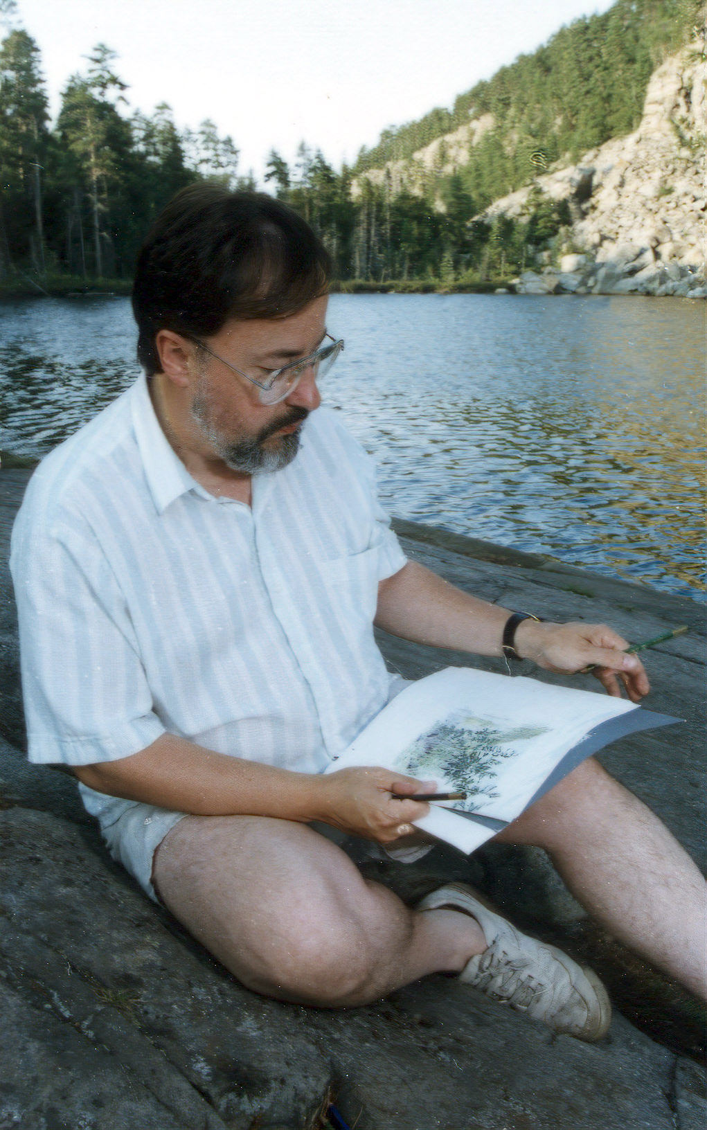 Glen Loates sketching in Temagami Ontario 1985