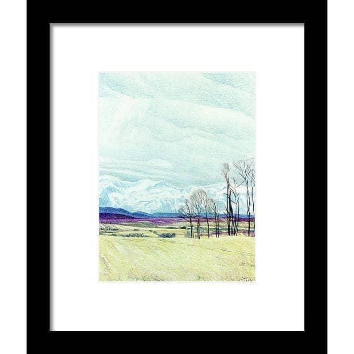 Calgary Foothills by Glen Loates, framed piece: the snow-capped Rockies beyond golden foothill grassland and bare trees