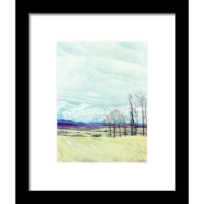 Calgary Foothills by Glen Loates, framed piece in a black frame with a white mat