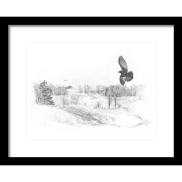 Crow Flying Over Landscape - Framed Print | Artwork by Glen Loates