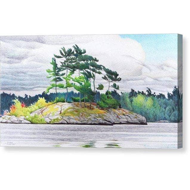 Northern Tribute by Glen Loates, gallery canvas: a pine-crowned rocky island beneath a wide northern sky
