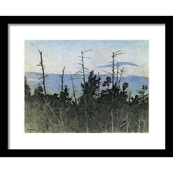Over Twilight by Glen Loates, framed piece: silhouetted dead trees against a blue twilight sky