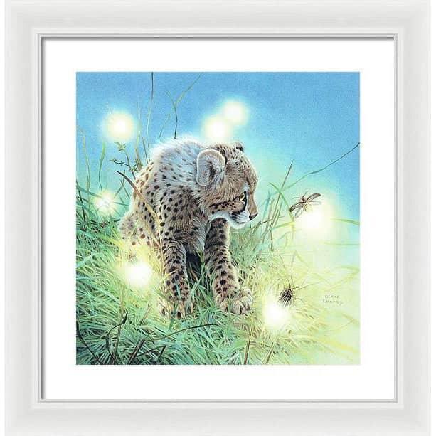 Young Cheetah with Fireflies - Framed Print | Artwork by Glen Loates