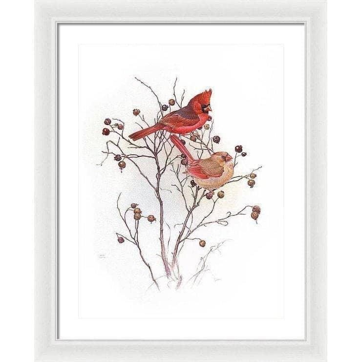 Cardinals on Rosehip Bush - Framed Print | Artwork by Glen Loates