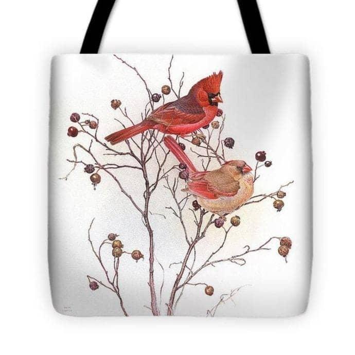 Cardinals on Rosehip Bush - Tote Bag | Artwork by Glen Loates