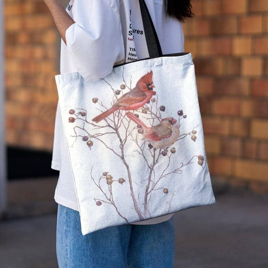 Cardinals on Rosehip Bush - Tote Bag | Artwork by Glen Loates