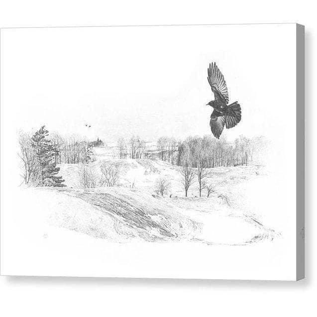 Crow Flying Over Landscape - Canvas Print | Artwork by Glen Loates