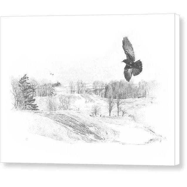 Crow Flying Over Landscape - Canvas Print | Artwork by Glen Loates