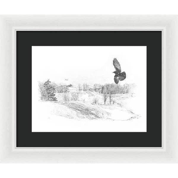 Crow Flying Over Landscape - Framed Print | Artwork by Glen Loates