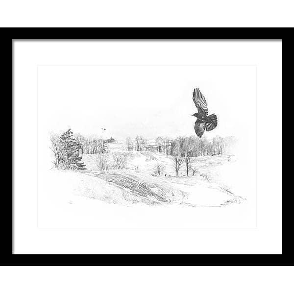 Crow Flying Over Landscape - Framed Print | Artwork by Glen Loates