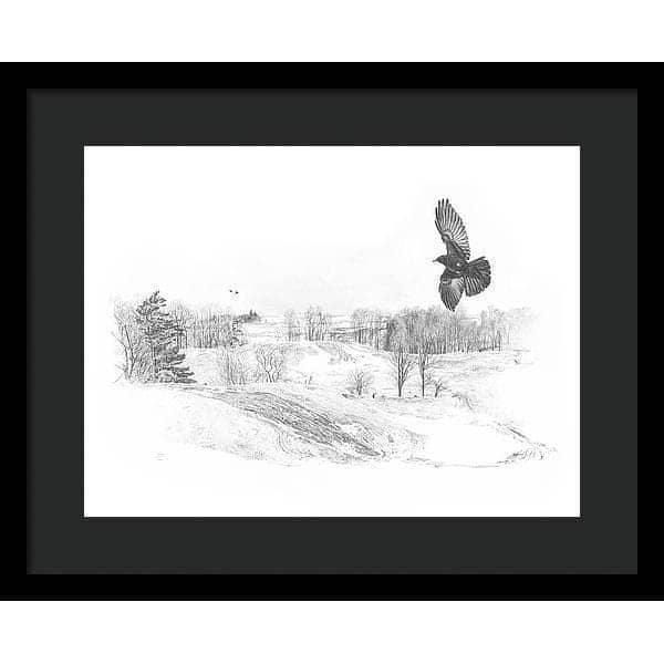 Crow Flying Over Landscape - Framed Print | Artwork by Glen Loates