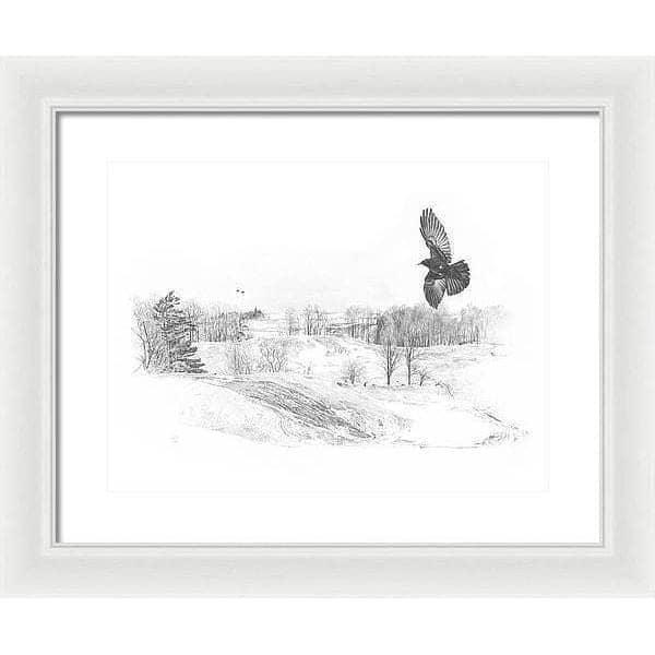 Crow Flying Over Landscape - Framed Print | Artwork by Glen Loates
