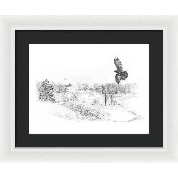 Crow Flying Over Landscape - Framed Print | Artwork by Glen Loates