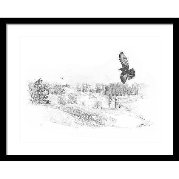Crow Flying Over Landscape - Framed Print | Artwork by Glen Loates