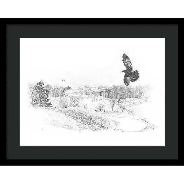 Crow Flying Over Landscape - Framed Print | Artwork by Glen Loates