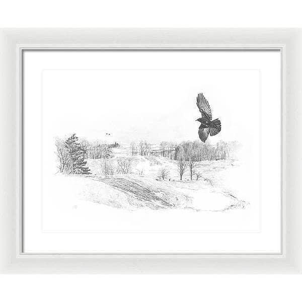 Crow Flying Over Landscape - Framed Print | Artwork by Glen Loates