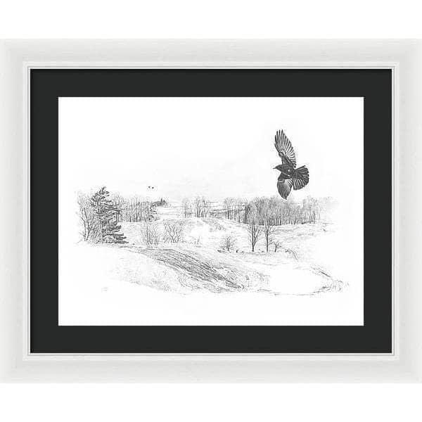 Crow Flying Over Landscape - Framed Print | Artwork by Glen Loates