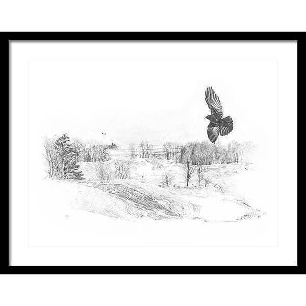 Crow Flying Over Landscape - Framed Print | Artwork by Glen Loates