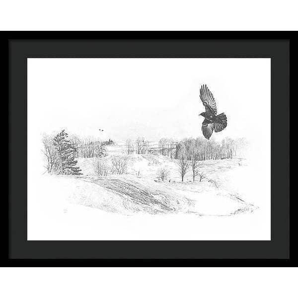 Crow Flying Over Landscape - Framed Print | Artwork by Glen Loates