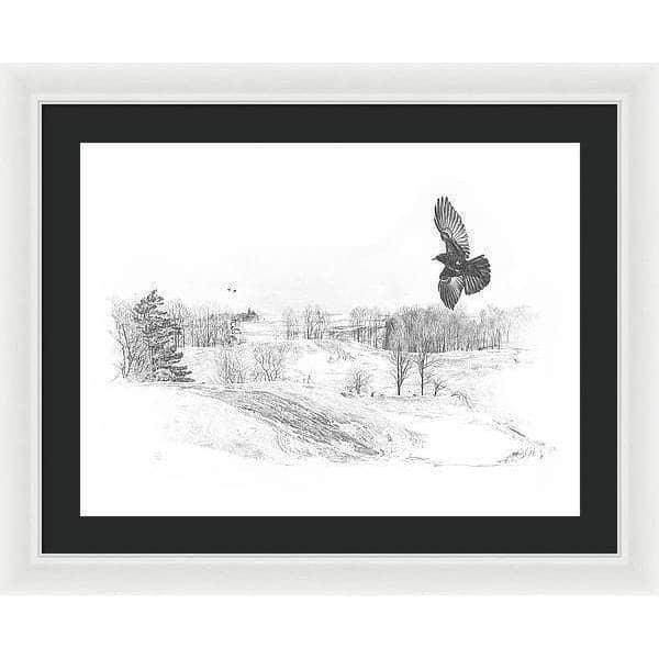 Crow Flying Over Landscape - Framed Print | Artwork by Glen Loates