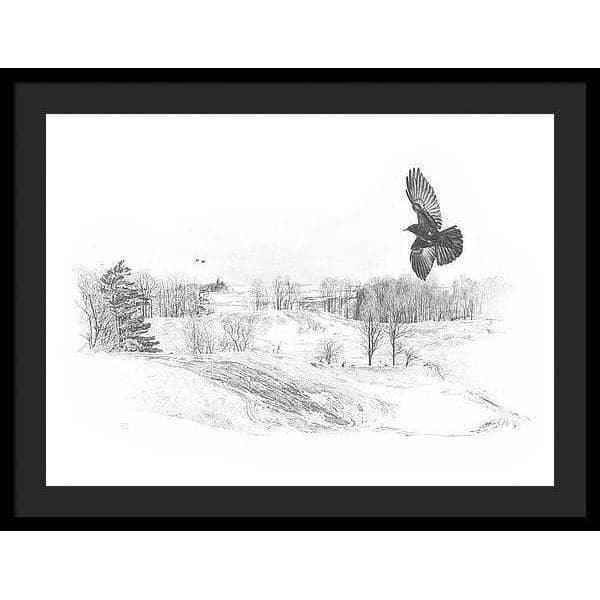 Crow Flying Over Landscape - Framed Print | Artwork by Glen Loates