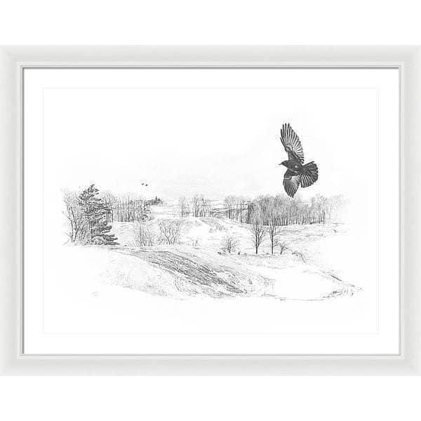 Crow Flying Over Landscape - Framed Print | Artwork by Glen Loates