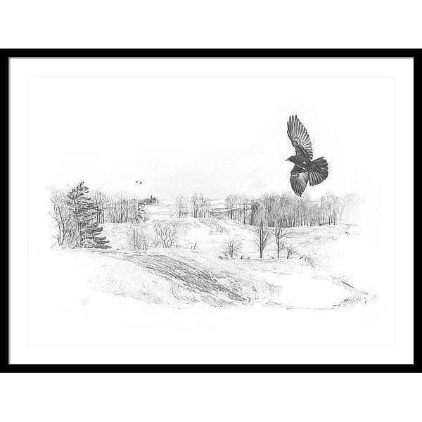 Crow Flying Over Landscape - Framed Print | Artwork by Glen Loates