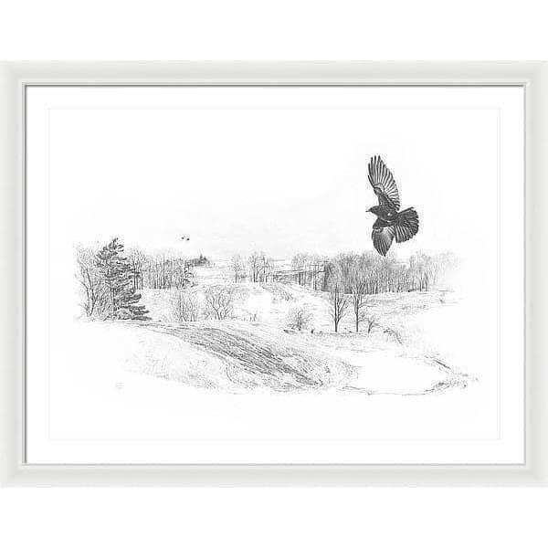 Crow Flying Over Landscape - Framed Print | Artwork by Glen Loates