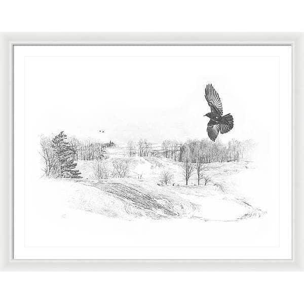 Crow Flying Over Landscape - Framed Print | Artwork by Glen Loates