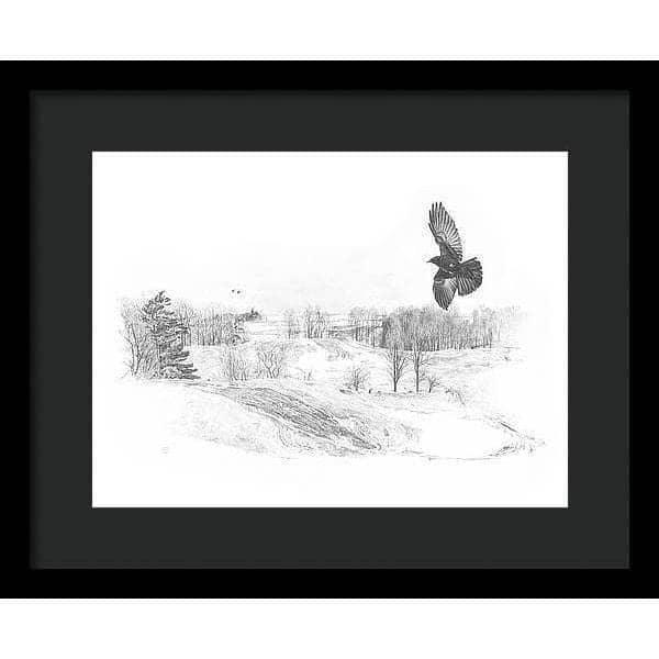 Crow Flying Over Landscape - Framed Print | Artwork by Glen Loates