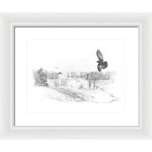 Crow Flying Over Landscape - Framed Print | Artwork by Glen Loates