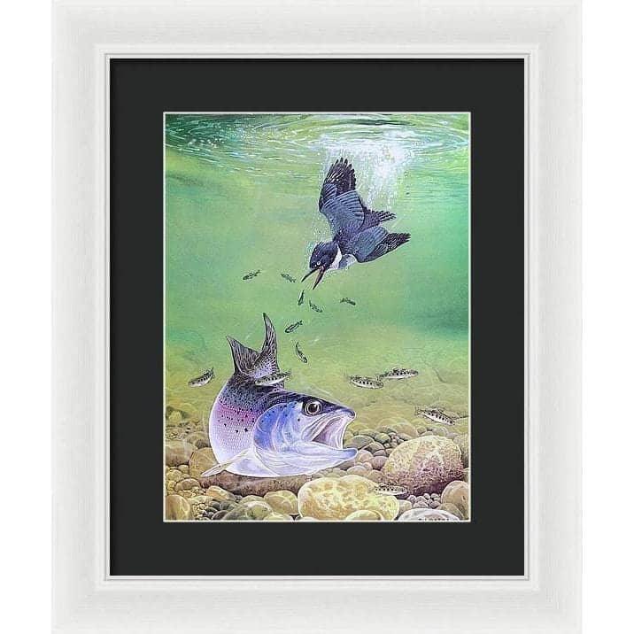 Kingfisher And Rainbow Trout - Framed Print | Artwork by Glen Loates