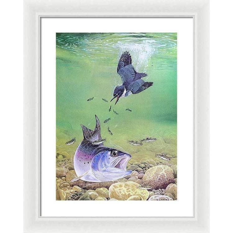 Kingfisher And Rainbow Trout - Framed Print | Artwork by Glen Loates