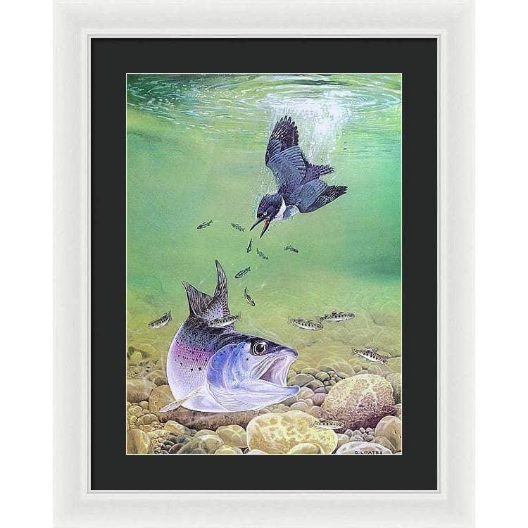 Kingfisher And Rainbow Trout - Framed Print | Artwork by Glen Loates