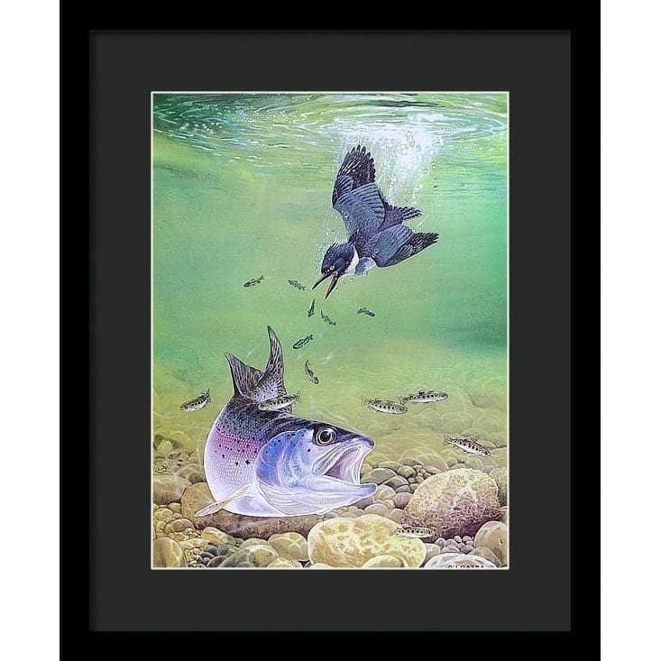 Kingfisher And Rainbow Trout - Framed Print | Artwork by Glen Loates