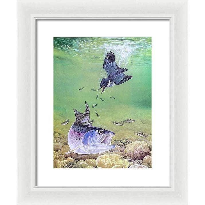 Kingfisher And Rainbow Trout - Framed Print | Artwork by Glen Loates