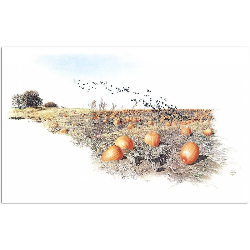 Champ de citrouilles par Glen Loates, giclée sur papier : un champ de citrouilles en automne d’où s’envole une volée de merles