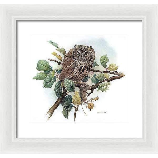 Screech Owl with Field Mouse - Framed Print | Artwork by Glen Loates