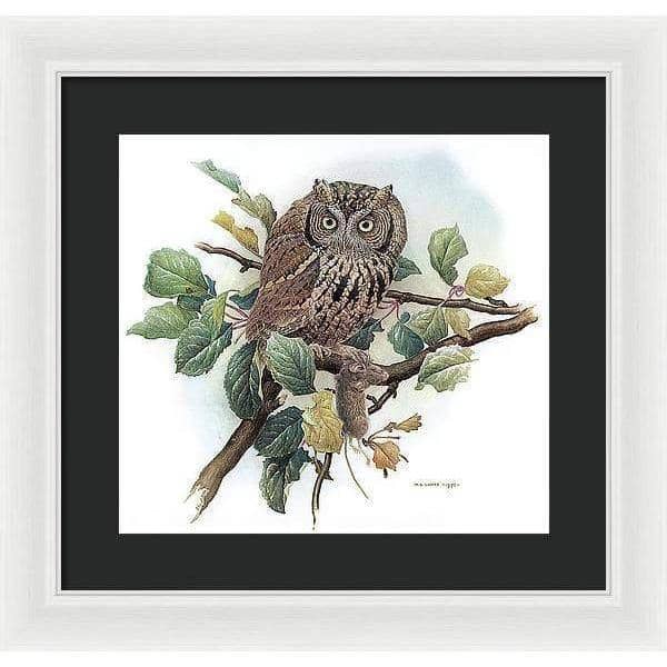 Screech Owl with Field Mouse - Framed Print | Artwork by Glen Loates