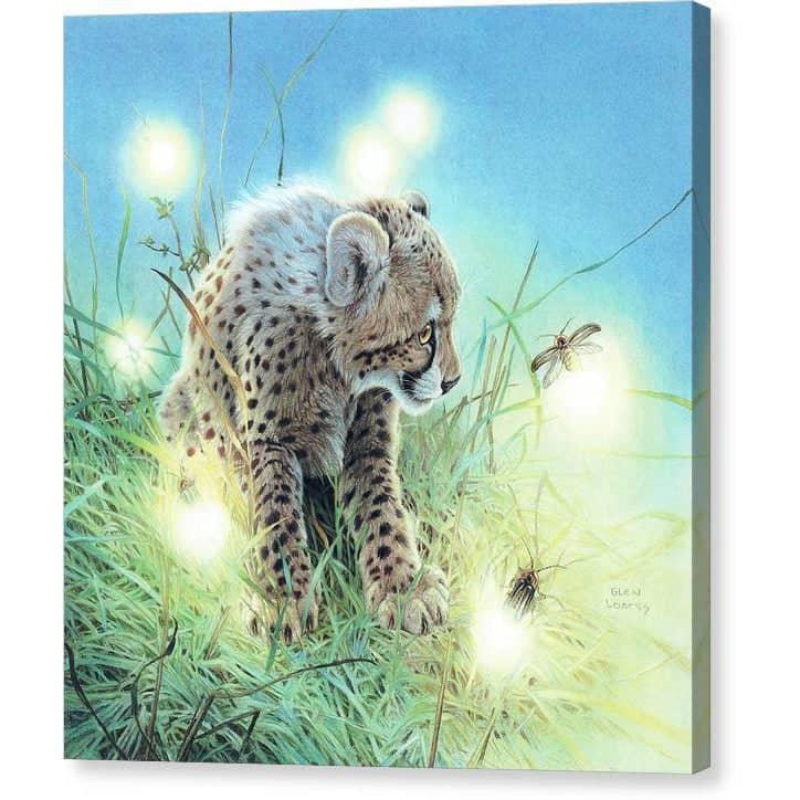 Young Cheetah with Fireflies - Canvas Print | Artwork by Glen Loates