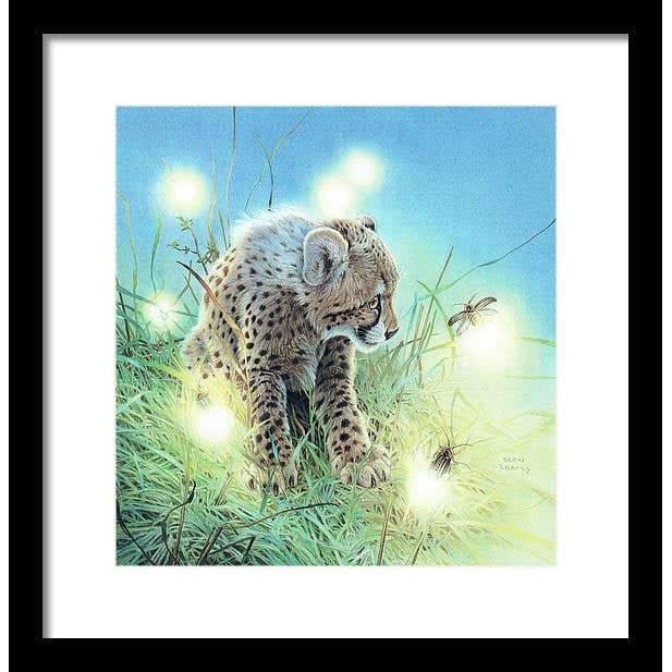 Young Cheetah with Fireflies - Framed Print | Artwork by Glen Loates