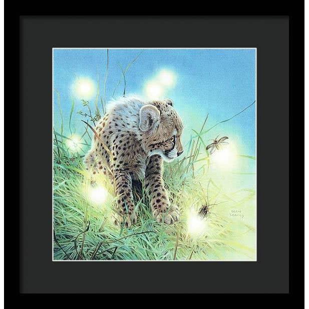 Young Cheetah with Fireflies - Framed Print | Artwork by Glen Loates