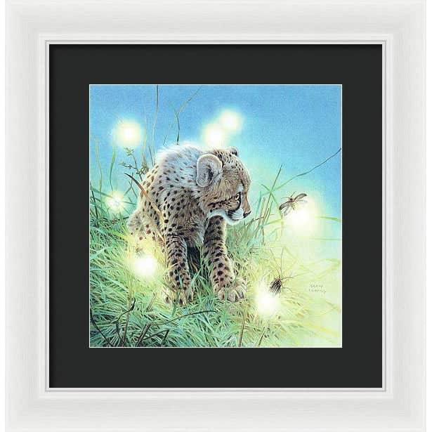 Young Cheetah with Fireflies - Framed Print | Artwork by Glen Loates