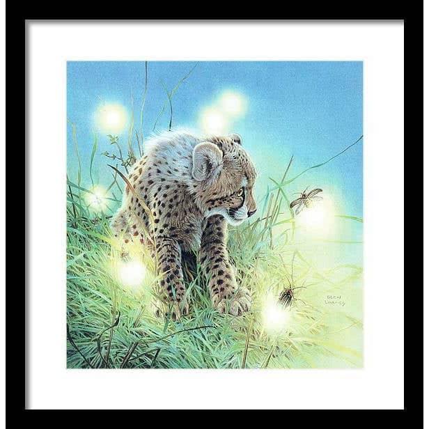 Young Cheetah with Fireflies - Framed Print | Artwork by Glen Loates