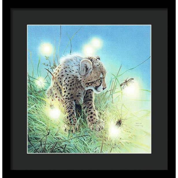 Young Cheetah with Fireflies - Framed Print | Artwork by Glen Loates