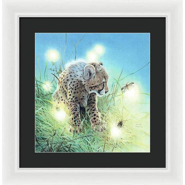 Young Cheetah with Fireflies - Framed Print | Artwork by Glen Loates
