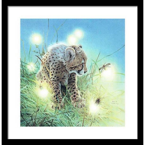 Young Cheetah with Fireflies - Framed Print | Artwork by Glen Loates