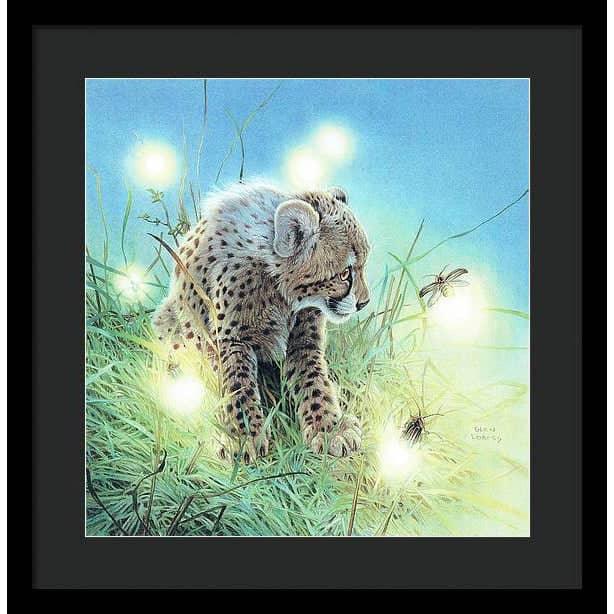 Young Cheetah with Fireflies - Framed Print | Artwork by Glen Loates