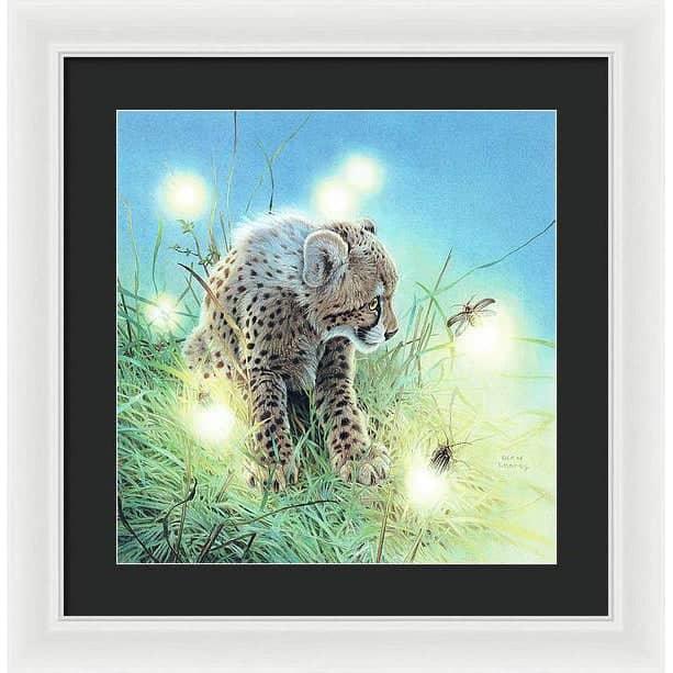 Young Cheetah with Fireflies - Framed Print | Artwork by Glen Loates